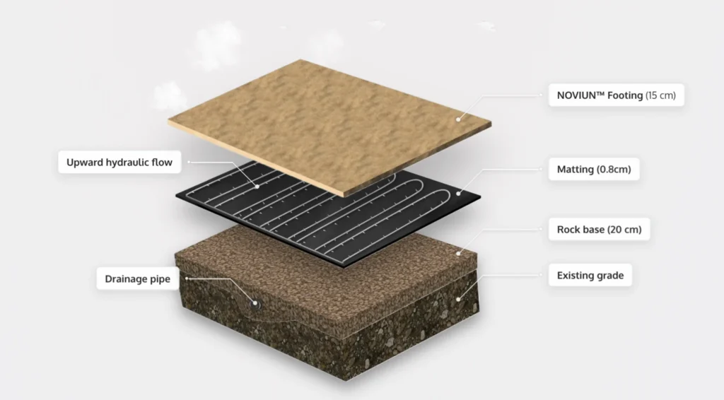 arena construction layers for a HydroFlow irrigated riding arena